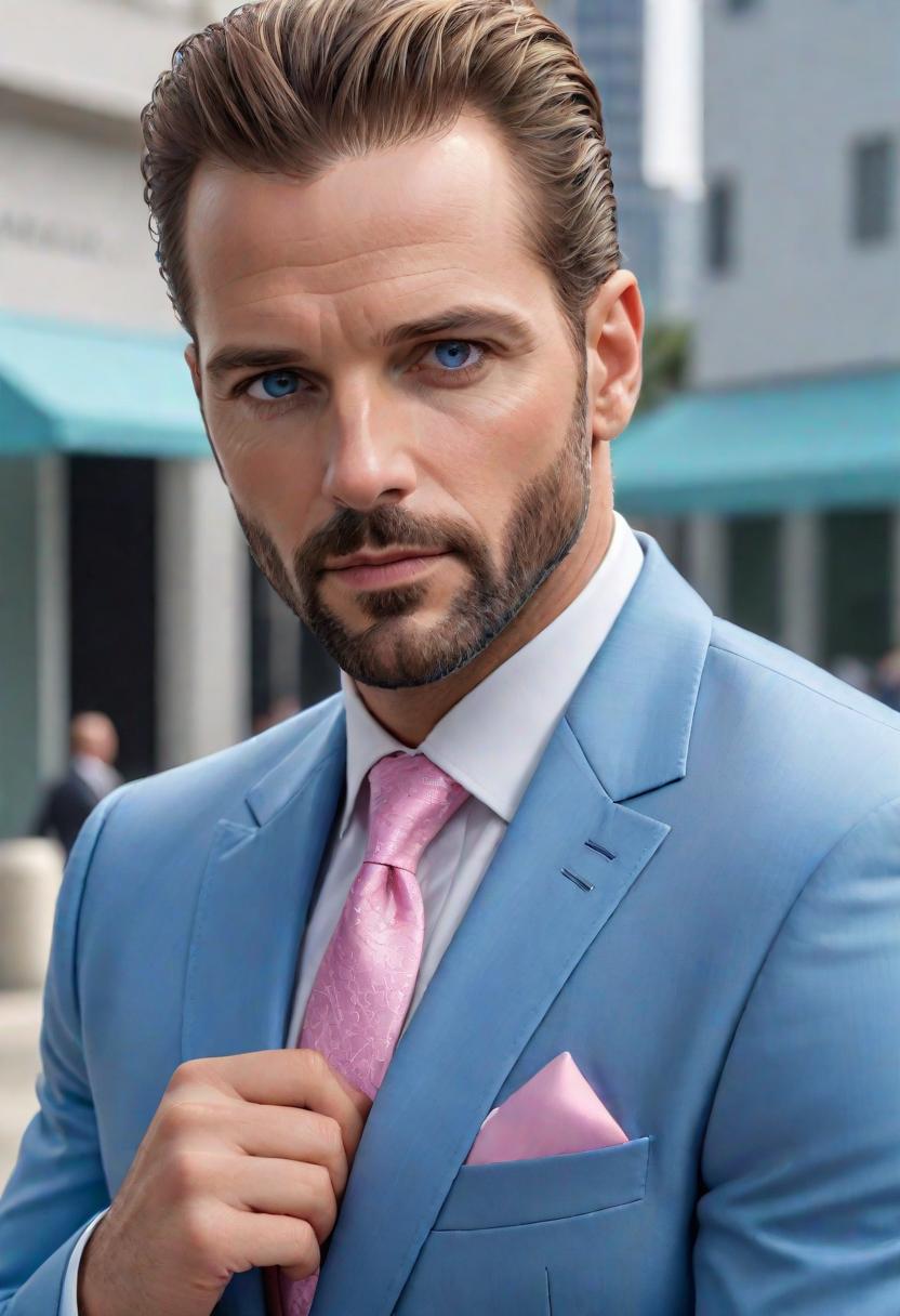  (half body shot:1.2), miami vice style, real life, extremely beautiful, (highly detailed, intricately detailed), masterpiece, 8k, HDR, best quality, (highly detailed skin), (1guy, (1man), (wearing blue business suit), (white skin), mature man, (stubble), (short goatee), ((mid bald fade, spiked hair)), brown hair, smile, brown eyes, detailed eyes, red warm sky with some clouds and the dawn sun), dappled lighting, (backlighting:0.7), film grain