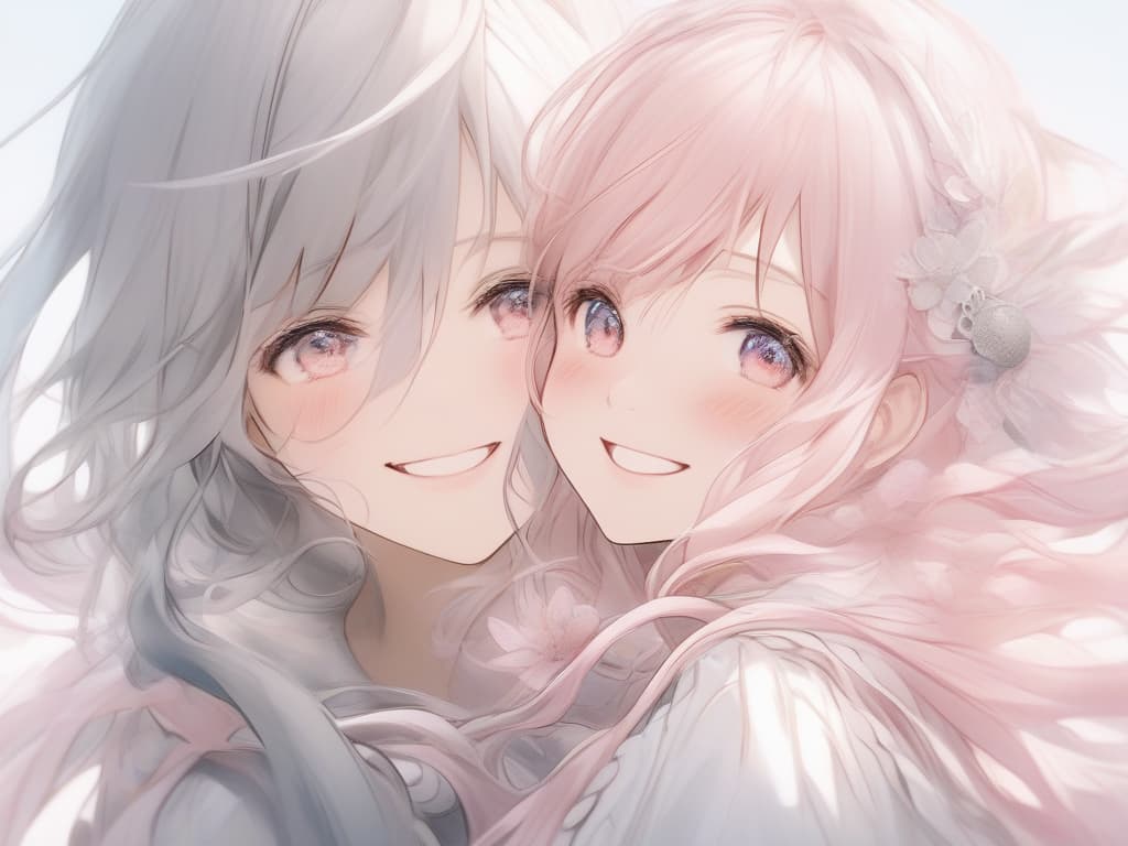  Girls, long hair, gray hair, pink eyes, smiles, happy, pink, masterpiece, best quality,8k,ultra detailed,high resolution,an extremely delicate and beautiful,hyper detail