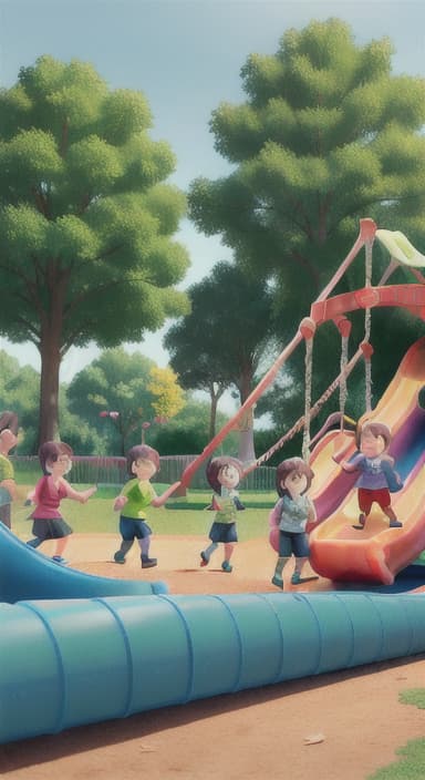  {Children playing in a sunny park with swings and slides., Same group of happy children, now wearing casual play clothes.