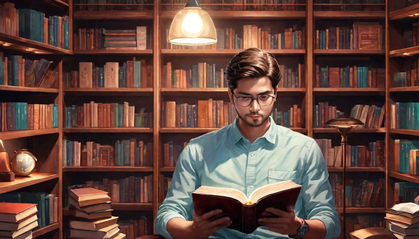  digital illustration, 1person, reading a book with a thoughtful expression, background of bookshelves filled with psychology books, cozy study room, soft lamplight, identifying and disputing irrational thoughts, knowledgeable atmosphere, looking at viewer, dynamic pose, (intricate details, masterpiece, best quality)