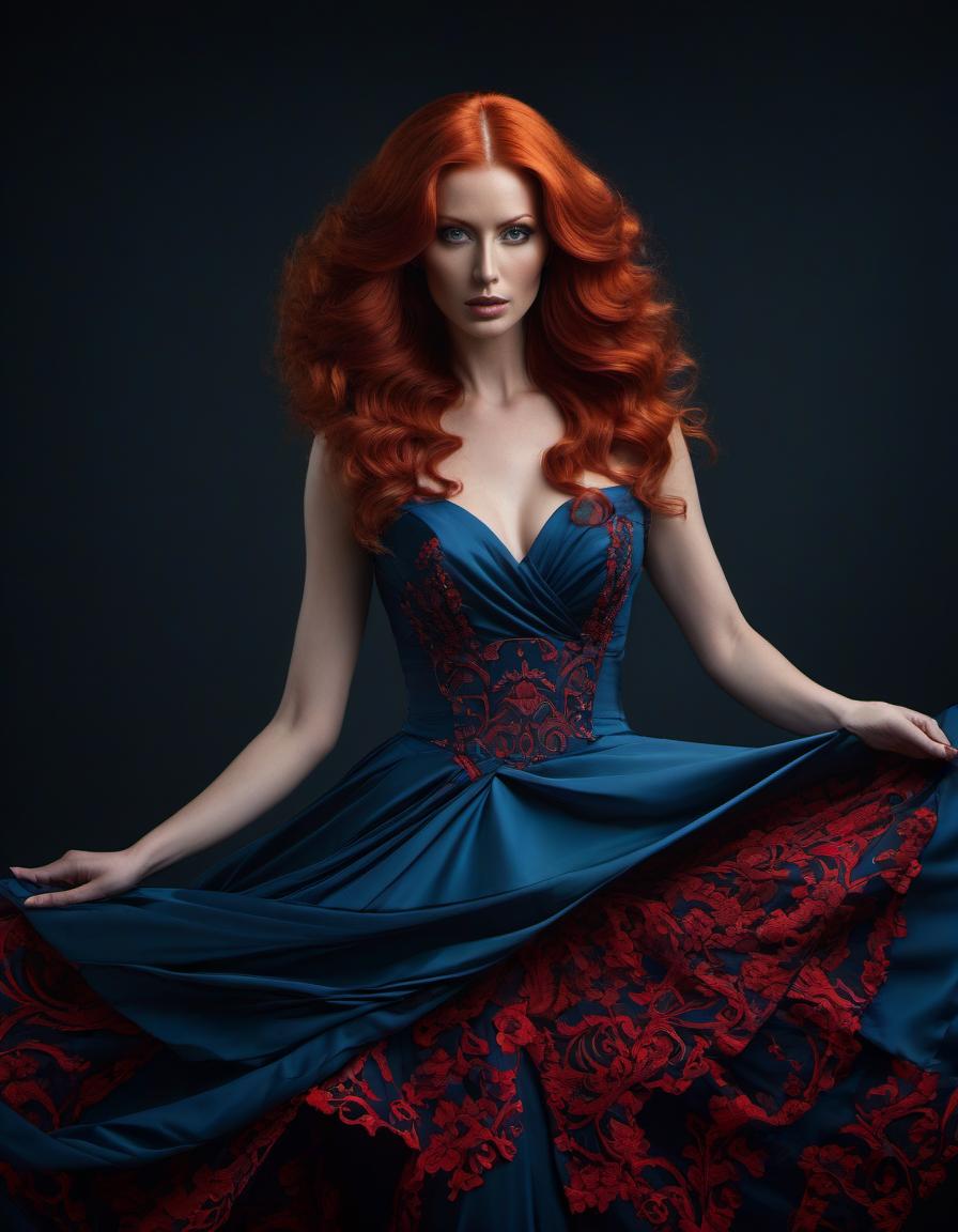  cubist artwork A striking digital artwork of a woman with voluminous red hair in an ornate blue dress, posing elegantly against a dark background. . geometric shapes, abstract, innovative, revolutionary hyperrealistic, full body, detailed clothing, highly detailed, cinematic lighting, stunningly beautiful, intricate, sharp focus, f/1. 8, 85mm, (centered image composition), (professionally color graded), ((bright soft diffused light)), volumetric fog, trending on instagram, trending on tumblr, HDR 4K, 8K