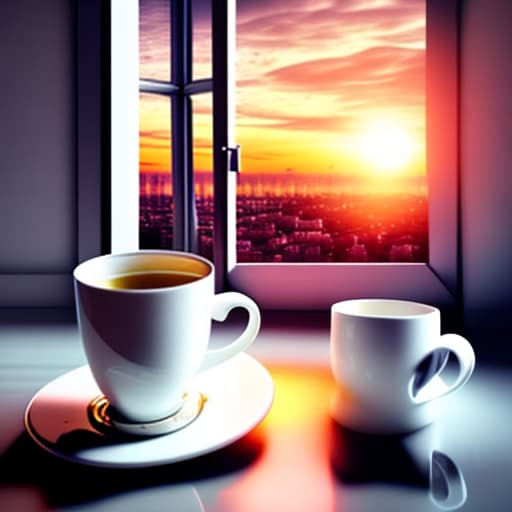 estilovintedois Futuristic style. Deck of cards and cup of tea over white table. Sunset through a window with a city view. White and soft tones.