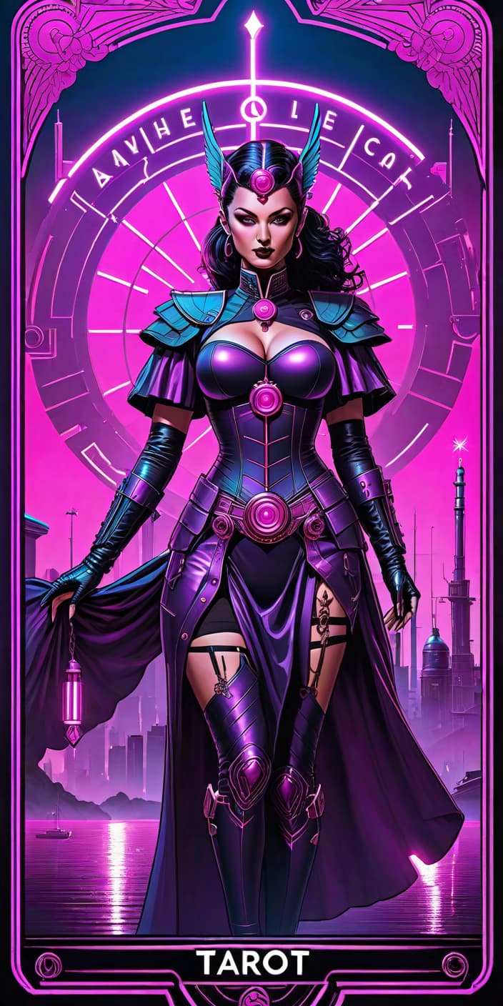  neonpunk style Tarot Card, Adherence. . cyberpunk, vaporwave, neon, vibes, vibrant, stunningly beautiful, crisp, detailed, sleek, ultramodern, magenta highlights, dark purple shadows, high contrast, cinematic, ultra detailed, intricate, professional hyperrealistic, full body, detailed clothing, highly detailed, cinematic lighting, stunningly beautiful, intricate, sharp focus, f/1. 8, 85mm, (centered image composition), (professionally color graded), ((bright soft diffused light)), volumetric fog, trending on instagram, trending on tumblr, HDR 4K, 8K