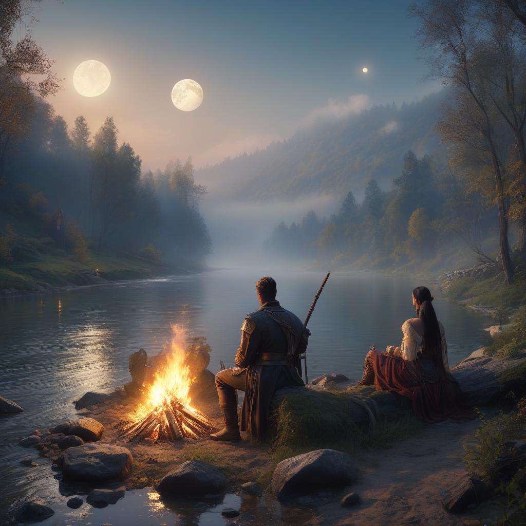  concept art A with large s sits by the riverbank. There's a bonfire. The full moon is shining. . digital artwork, ilrative, painterly, matte painting, highly detailed hyperrealistic, full body, detailed clothing, highly detailed, cinematic lighting, stunningly beautiful, intricate, sharp focus, f/1. 8, 85mm, (centered image composition), (professionally color graded), ((bright soft diffused light)), volumetric fog, trending on instagram, trending on tumblr, HDR 4K, 8K