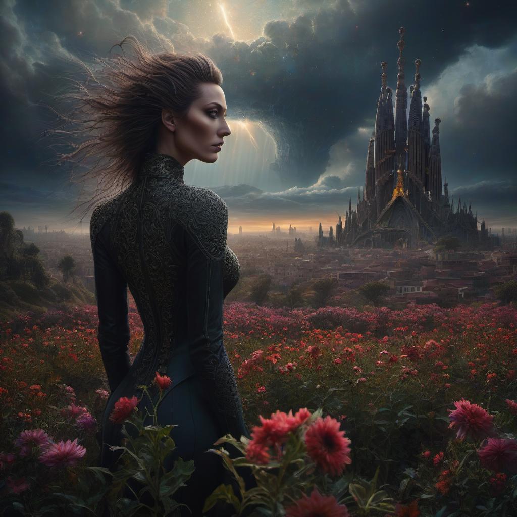  (stylized by Tomasz Alen Kopera:1.3) , dark art, dense flower field and Perseid meteor in background, landscape of a (Barcelona:1.2) , very Bizarre and 1600'S, Hurricane, Glitchcore, Amaro, layered textures, ornate, intricate artistic color, complimentary colors, very inspirational, atmosphere, fine artistic composition, sunny, theatrical hyperrealistic, full body, detailed clothing, highly detailed, cinematic lighting, stunningly beautiful, intricate, sharp focus, f/1. 8, 85mm, (centered image composition), (professionally color graded), ((bright soft diffused light)), volumetric fog, trending on instagram, trending on tumblr, HDR 4K, 8K