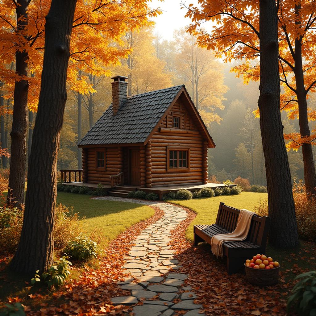  real estate photography style, create an image of a cozy autumn forest with colorful leaves on the trees, soft sunlight shining through the foliage, and a narrow path leading to a small log house. around the house there is a wooden bench with a blanket on it, and a basket of apples is visible nearby., professional, inviting, well lit, high resolution, property focused, commercial, highly detailed