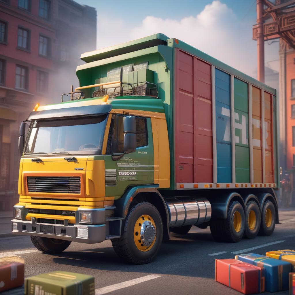  A cheerful children's freight truck with multicolored books. hyperrealistic, full body, detailed clothing, highly detailed, cinematic lighting, stunningly beautiful, intricate, sharp focus, f/1. 8, 85mm, (centered image composition), (professionally color graded), ((bright soft diffused light)), volumetric fog, trending on instagram, trending on tumblr, HDR 4K, 8K