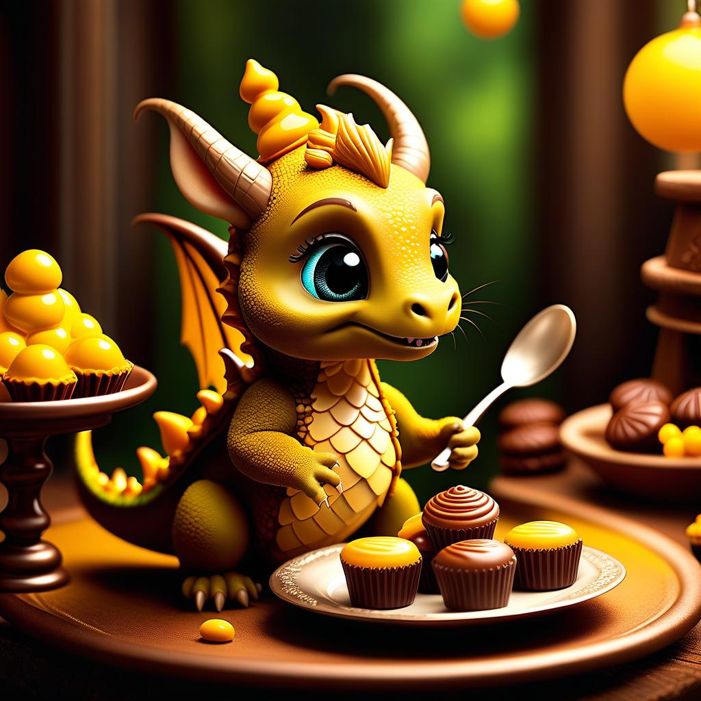  fairy tale A funny little, adorable dragon, a sweet tooth, an invitation to a bear's birthday party, a trip to a candy factory, a fall into chocolate. Style:fairy tale, fantasy. Mustard is no good for me, And I'm running from pepper, Mustard makes me sad I can cry! I like to chew candy And halva and sweet honey, Whoever likes to chew candy Will understand me well . magical, fantastical, enchanting, storybook style, highly detailed hyperrealistic, full body, detailed clothing, highly detailed, cinematic lighting, stunningly beautiful, intricate, sharp focus, f/1. 8, 85mm, (centered image composition), (professionally color graded), ((bright soft diffused light)), volumetric fog, trending on instagram, trending on tumblr, HDR 4K, 8K