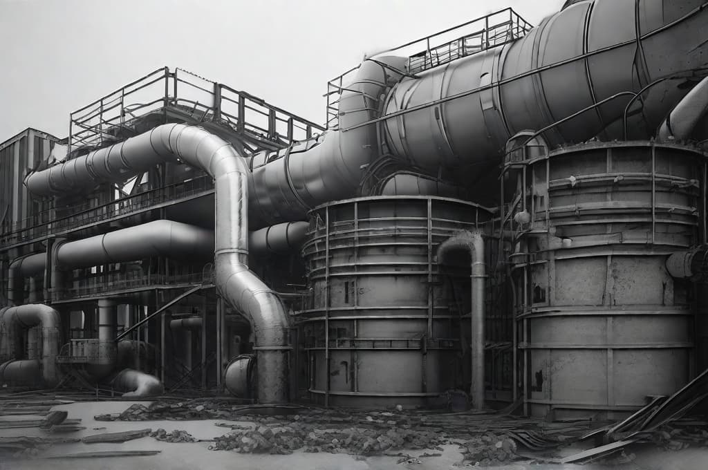  Generate a gritty, black and white industrial background with cloudy or foggy conditions, showcasing large pipes, metal sidings, and a partially dismantled or destroyed structure.