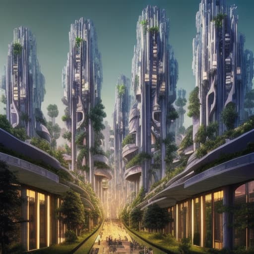  a post-modern elven forest city at dusk