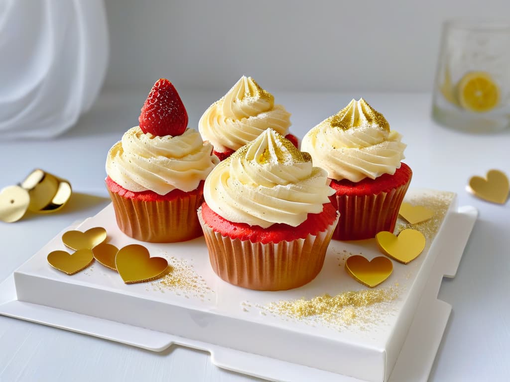  A minimalistic image of a perfectly frosted Champagne and strawberry cupcake, delicately topped with a fresh strawberry slice and a sprinkle of gold edible glitter, set against a clean white backdrop. The cupcake is elegantly placed on a sleek, modern plate, with soft natural lighting highlighting the glossy texture of the frosting and the vibrant red hue of the strawberry. The image captures the essence of sophistication and indulgence, inviting the viewer to savor the sweet elegance of this delectable treat. hyperrealistic, full body, detailed clothing, highly detailed, cinematic lighting, stunningly beautiful, intricate, sharp focus, f/1. 8, 85mm, (centered image composition), (professionally color graded), ((bright soft diffused light)), volumetric fog, trending on instagram, trending on tumblr, HDR 4K, 8K