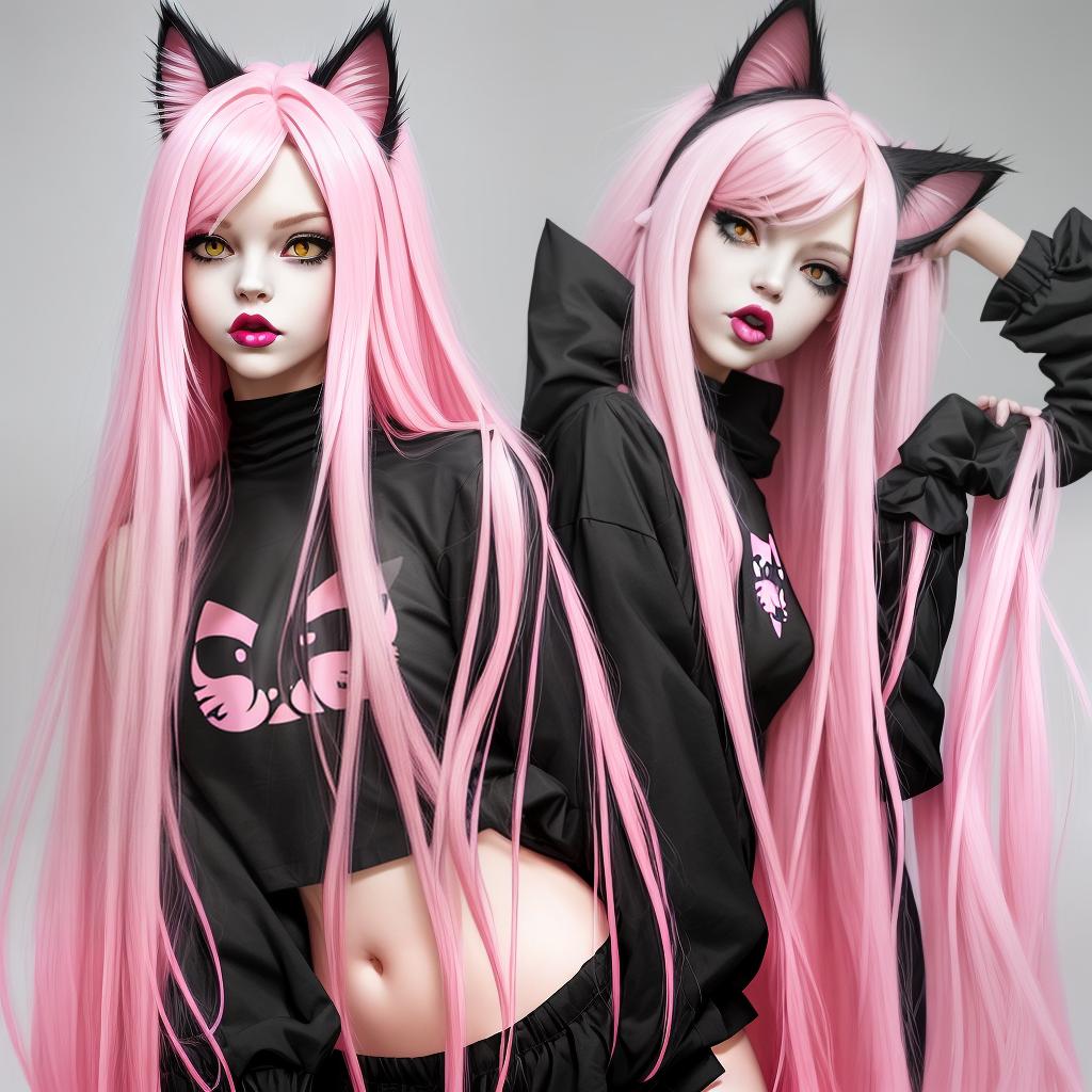   , long pink hair, straight hair, cat ears, cat mouth, bright pink painted lips, marked s, black , and short black top, full body, realistic, hot