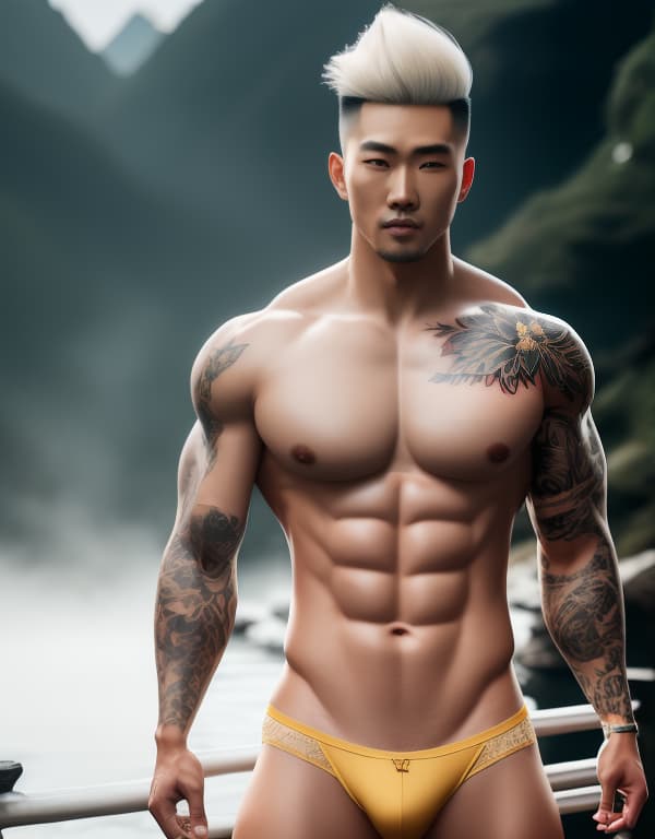  muscle, tattooed Chinese beautiful boy with white lace and yellow hair in river， whole dorsal body，chest hair hyperrealistic, full body, detailed clothing, highly detailed, cinematic lighting, stunningly beautiful, intricate, sharp focus, f/1. 8, 85mm, (centered image composition), (professionally color graded), ((bright soft diffused light)), volumetric fog, trending on instagram, trending on tumblr, HDR 4K, 8K