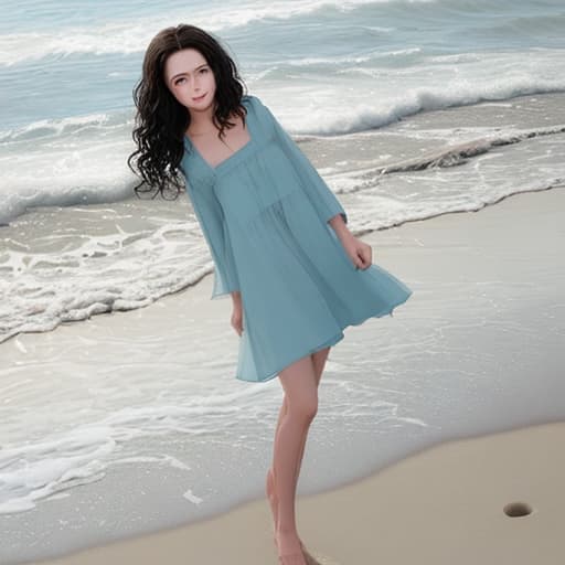   beautiful on the beach full-length, micro , dark hair, short haircut, round face, sea, waves