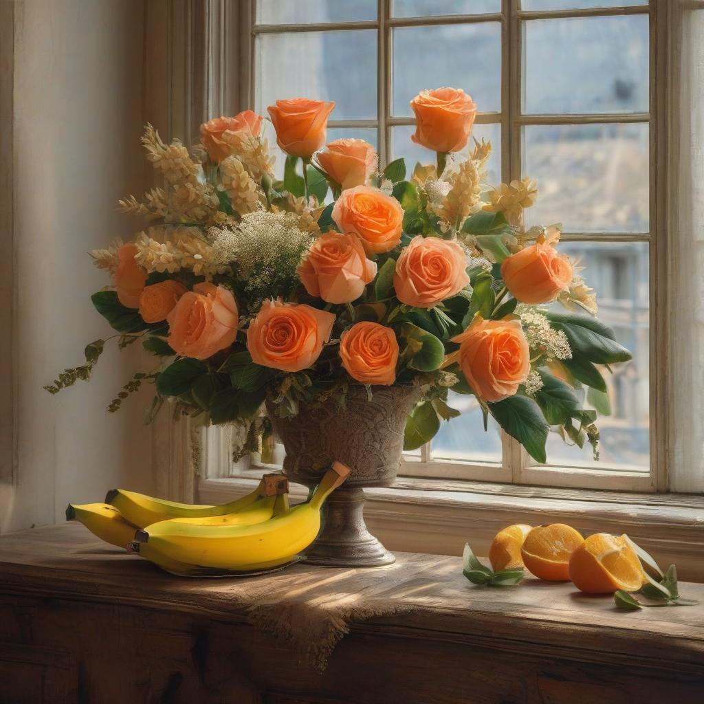  (Banana, orange and pineapple) stand by a beautiful vase, ((there's a vase with bordeaux roses nearby)), in front of a window, still life, Dutch painting 17th century, high brushwork detail. hyperrealistic, full body, detailed clothing, highly detailed, cinematic lighting, stunningly beautiful, intricate, sharp focus, f/1. 8, 85mm, (centered image composition), (professionally color graded), ((bright soft diffused light)), volumetric fog, trending on instagram, trending on tumblr, HDR 4K, 8K