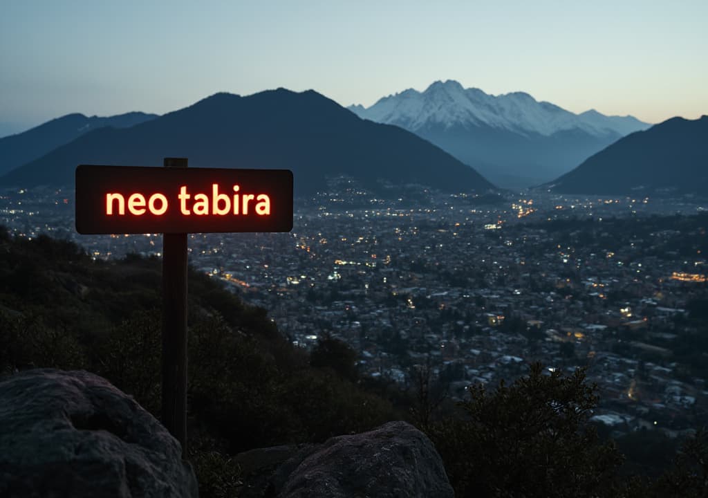  good quality, high quality, an aerial view of a sign with the word 'neo tabira' written on it, in a small future basque city surrounded by mountains at dusk, where evil corporations can be seen.