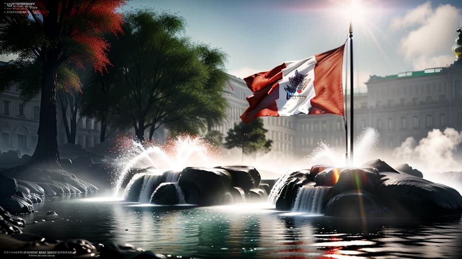  To the left of the river of hell stands a flagpole with a Soviet flag that is unfurling, and to the right rises a fountain of lava. hyperrealistic, full body, detailed clothing, highly detailed, cinematic lighting, stunningly beautiful, intricate, sharp focus, f/1. 8, 85mm, (centered image composition), (professionally color graded), ((bright soft diffused light)), volumetric fog, trending on instagram, trending on tumblr, HDR 4K, 8K