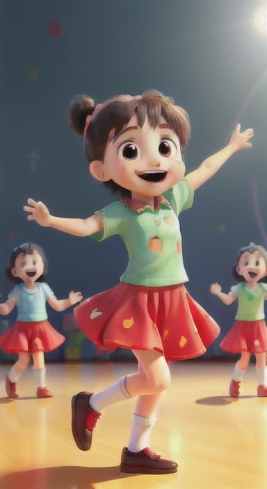  {Children singing and dancing with wide smiles and musical notes floating around them., Kids joyfully dancing and singing, showing their energy and happiness.