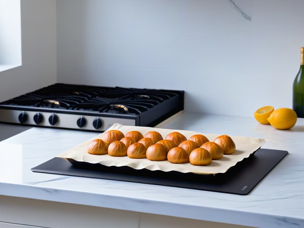  A pristine white marble countertop with a sleek, modern stainless steel oven in the background. On the countertop, there are two perfectly lined up baking sheets side by side: one with a Silpat silicone baking mat and the other with parchment paper. The focus is on the clean lines and contrasting textures between the two baking surfaces, highlighting their key differences in a visually striking and minimalist composition. hyperrealistic, full body, detailed clothing, highly detailed, cinematic lighting, stunningly beautiful, intricate, sharp focus, f/1. 8, 85mm, (centered image composition), (professionally color graded), ((bright soft diffused light)), volumetric fog, trending on instagram, trending on tumblr, HDR 4K, 8K