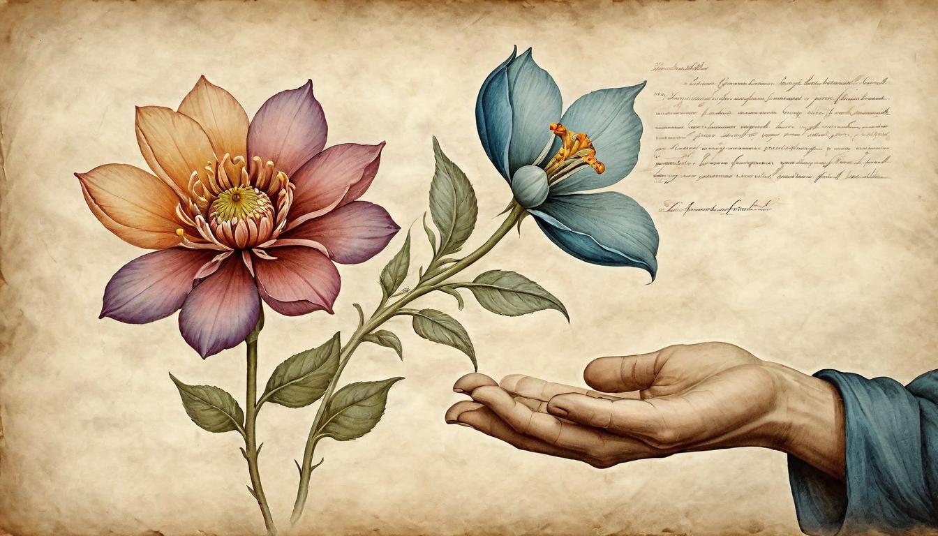  on parchment, surrealism+++, A gentle hand holding a blossoming flower, soft petals, colorful, nurturing care, emotional tenderness(mysterious, provocative, symbolic,muted color)+++