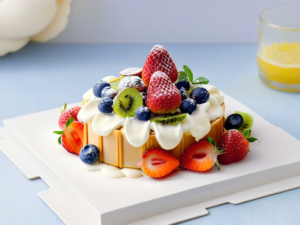  An ultradetailed, minimalistic image of a creamy swirl of homemade yogurt and vibrant mixed fruits cascading into a perfectly crafted waffle cone, showcasing layers of fresh strawberries, blueberries, and kiwi, glistening under a soft light to highlight the textures and colors of each ingredient. hyperrealistic, full body, detailed clothing, highly detailed, cinematic lighting, stunningly beautiful, intricate, sharp focus, f/1. 8, 85mm, (centered image composition), (professionally color graded), ((bright soft diffused light)), volumetric fog, trending on instagram, trending on tumblr, HDR 4K, 8K