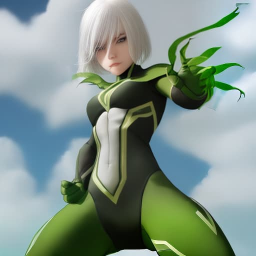  make a character superhero with white hair and green in the end and dark green superhero costume and clouds around