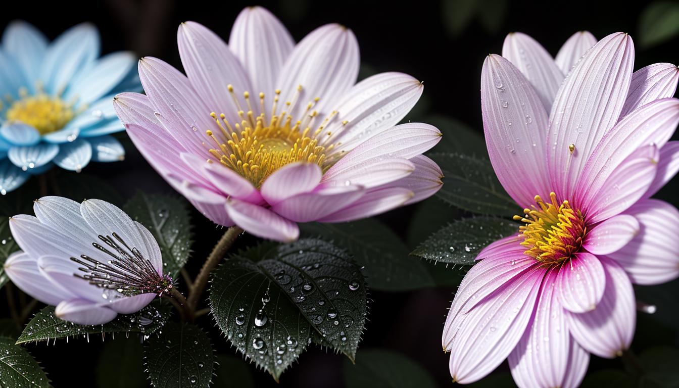  cinematic, aesthetic, Smiling faces reflected in drops of dew on a flower, bright and colorful, finding happiness in small acts, 4k, HDR, lens flare