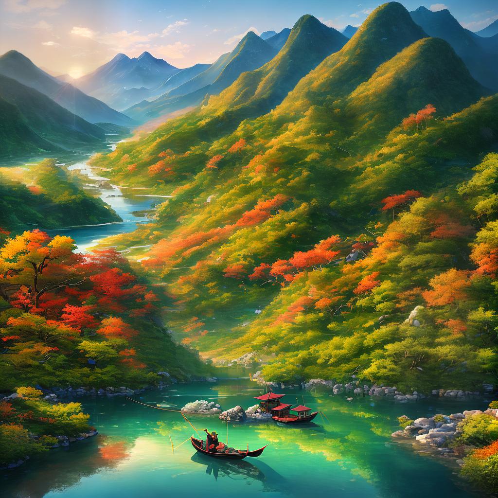  A masterpiece of a landscape painting, with the best quality, 8k resolution, and ultra-detailed. The main subject is a traditional Chinese landscape painting (((山水畫))), depicting a serene mountain scene. The elements include rolling green mountains, a winding river ((reflecting the sunlight)), a small wooden bridge, a tranquil temple ((nestled among the trees)), and a lone fisherman in a boat casting his net. The colors are vibrant, with a mix of lush greens, vibrant blues, and hints of red and gold. The lighting captures the warm glow of the setting sun, casting long shadows across the landscape. hyperrealistic, full body, detailed clothing, highly detailed, cinematic lighting, stunningly beautiful, intricate, sharp focus, f/1. 8, 85mm, (centered image composition), (professionally color graded), ((bright soft diffused light)), volumetric fog, trending on instagram, trending on tumblr, HDR 4K, 8K