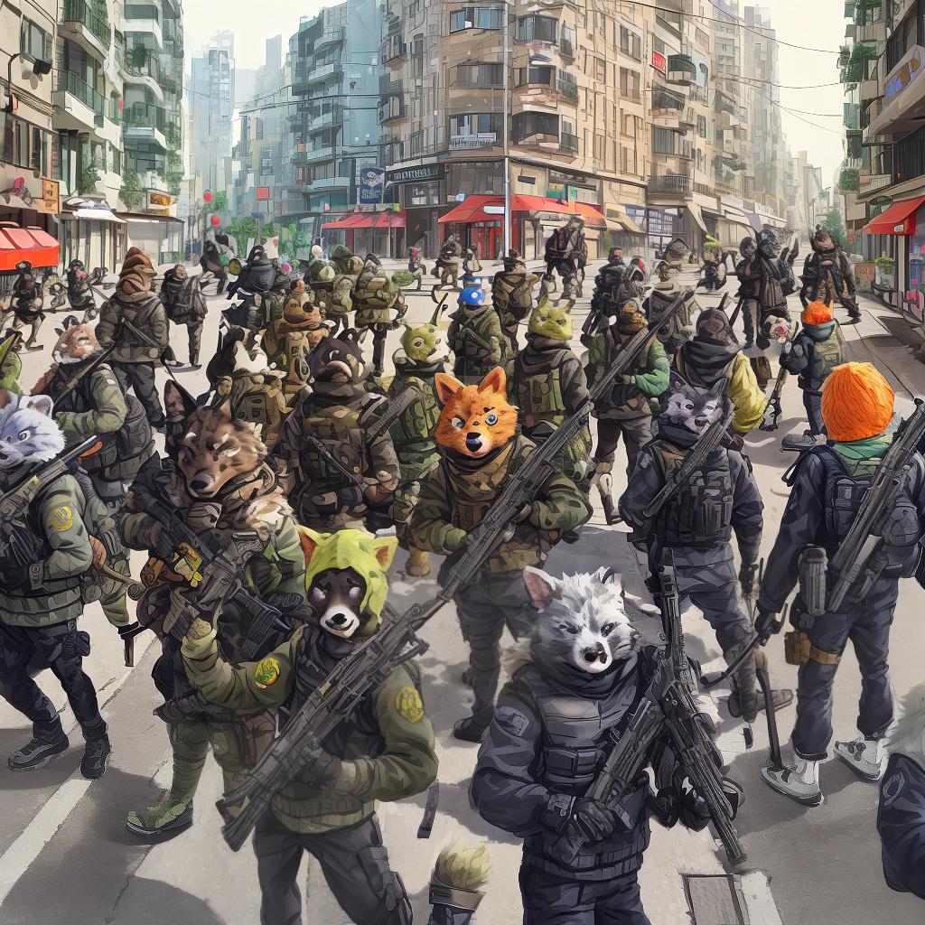  Animal anthropomorphic with back to gang holding weapons in street in modern city