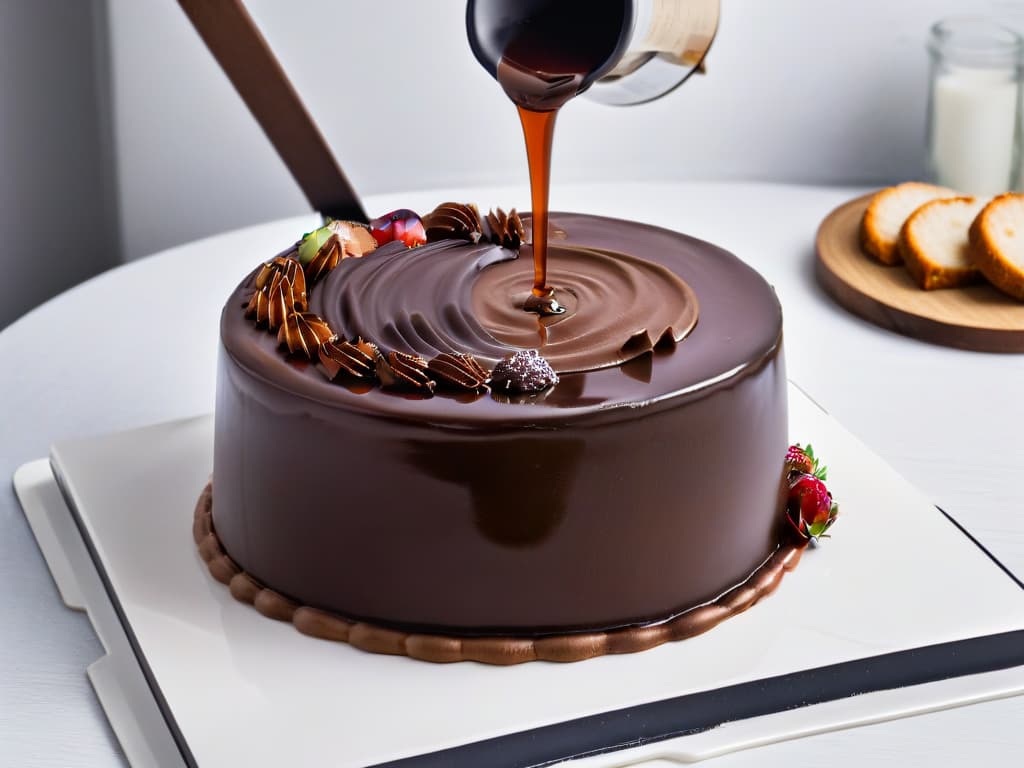  A closeup, ultrahigh resolution image of a glossy chocolate ganache being poured over a perfectly smooth and shiny mirror glaze on a decadent cake. The rich, velvety texture of the ganache contrasts beautifully with the flawless reflective surface of the glaze, showcasing the precise temperature control and expert technique required to achieve such a stunning dessert presentation. hyperrealistic, full body, detailed clothing, highly detailed, cinematic lighting, stunningly beautiful, intricate, sharp focus, f/1. 8, 85mm, (centered image composition), (professionally color graded), ((bright soft diffused light)), volumetric fog, trending on instagram, trending on tumblr, HDR 4K, 8K