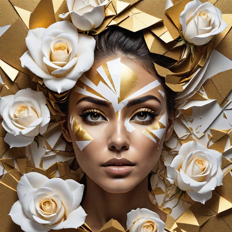  Ultra detailed artistic abstract photography of woman's face (geometrical), golden, white roses, detailed symmetric circular iris, shattered paper fragments, inspired by Alberto Seveso, abstract art style, intricate complex watercolor painting, sharp eyes, digital painting, color explosion, ink drip, mix gold and white colors, Concept art, volumetric lighting, metallic reflections, 8k, concept photography,