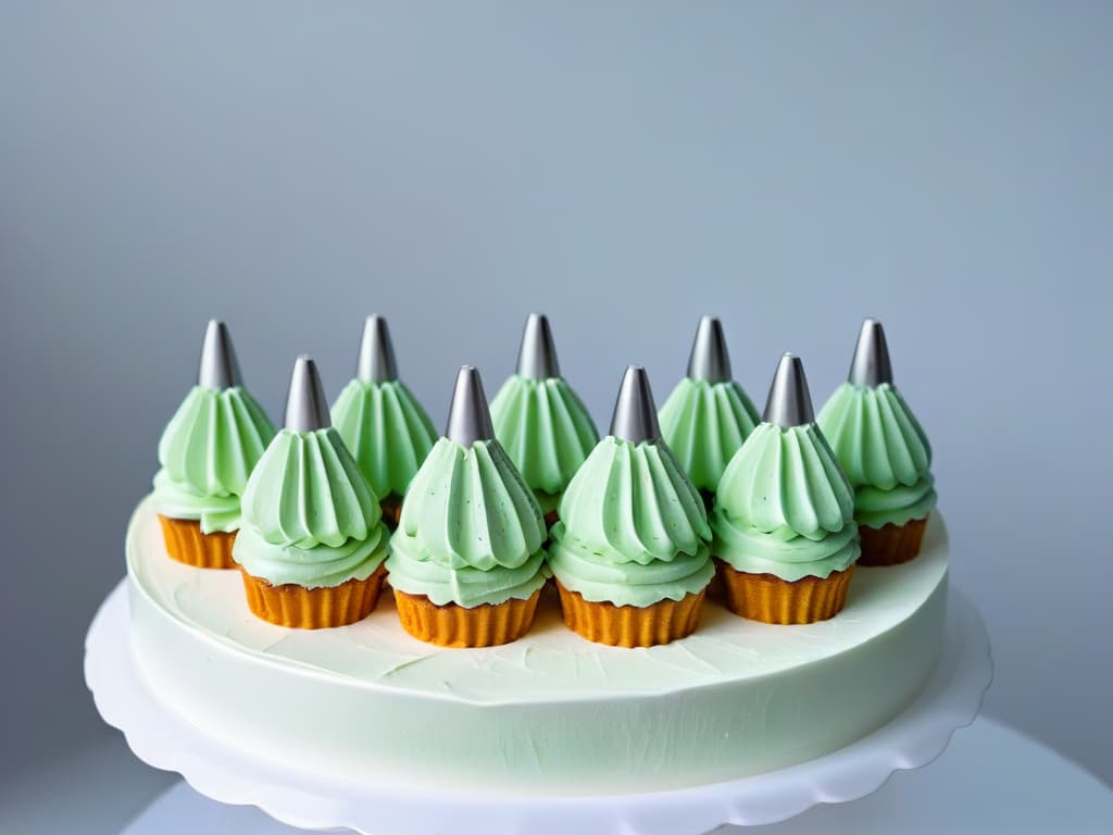  An ultradetailed image of various types of piping nozzles arranged neatly on a sleek, minimalist background. Each nozzle showcases intricate details, highlighting their unique shapes and designs, with a focus on precision and craftsmanship. The image captures the essence of professional cake decorating tools, exuding elegance and sophistication, perfect for inspiring creativity and mastery in the art of frosting. hyperrealistic, full body, detailed clothing, highly detailed, cinematic lighting, stunningly beautiful, intricate, sharp focus, f/1. 8, 85mm, (centered image composition), (professionally color graded), ((bright soft diffused light)), volumetric fog, trending on instagram, trending on tumblr, HDR 4K, 8K