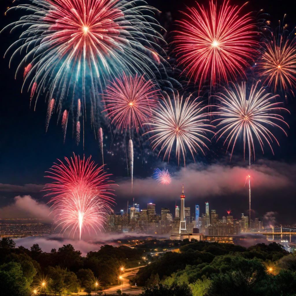  An image of 4th of July fireworks lighting up the night sky with colorful bursts of light and a backdrop of stars. The fireworks are vibrant shades of red, white, and blue, celebrating the Independence Day holiday in the United States. hyperrealistic, full body, detailed clothing, highly detailed, cinematic lighting, stunningly beautiful, intricate, sharp focus, f/1. 8, 85mm, (centered image composition), (professionally color graded), ((bright soft diffused light)), volumetric fog, trending on instagram, trending on tumblr, HDR 4K, 8K