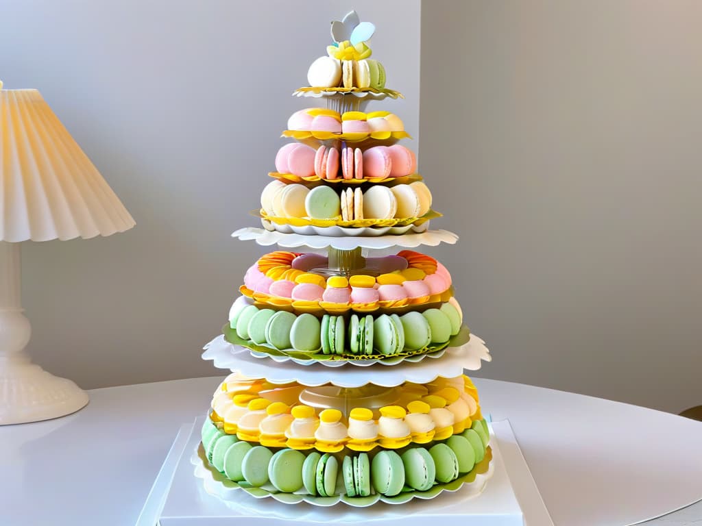  A closeup, ultradetailed image of a delicate French macaron tower, showcasing a variety of pastel colors and intricate textures. Each macaron is perfectly smooth and glossy, reflecting the light to create a stunning visual display. The tower is elegantly arranged on a simple, white porcelain serving plate, emphasizing the precise craftsmanship and artistry of the confection. hyperrealistic, full body, detailed clothing, highly detailed, cinematic lighting, stunningly beautiful, intricate, sharp focus, f/1. 8, 85mm, (centered image composition), (professionally color graded), ((bright soft diffused light)), volumetric fog, trending on instagram, trending on tumblr, HDR 4K, 8K