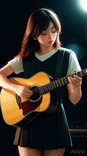  girl with guitar , hyperrealistic, high quality, highly detailed, cinematic lighting, intricate, sharp focus, f/1. 8, 85mm, (centered image composition), (professionally color graded), ((bright soft diffused light)), volumetric fog, trending on instagram, HDR 4K, 8K