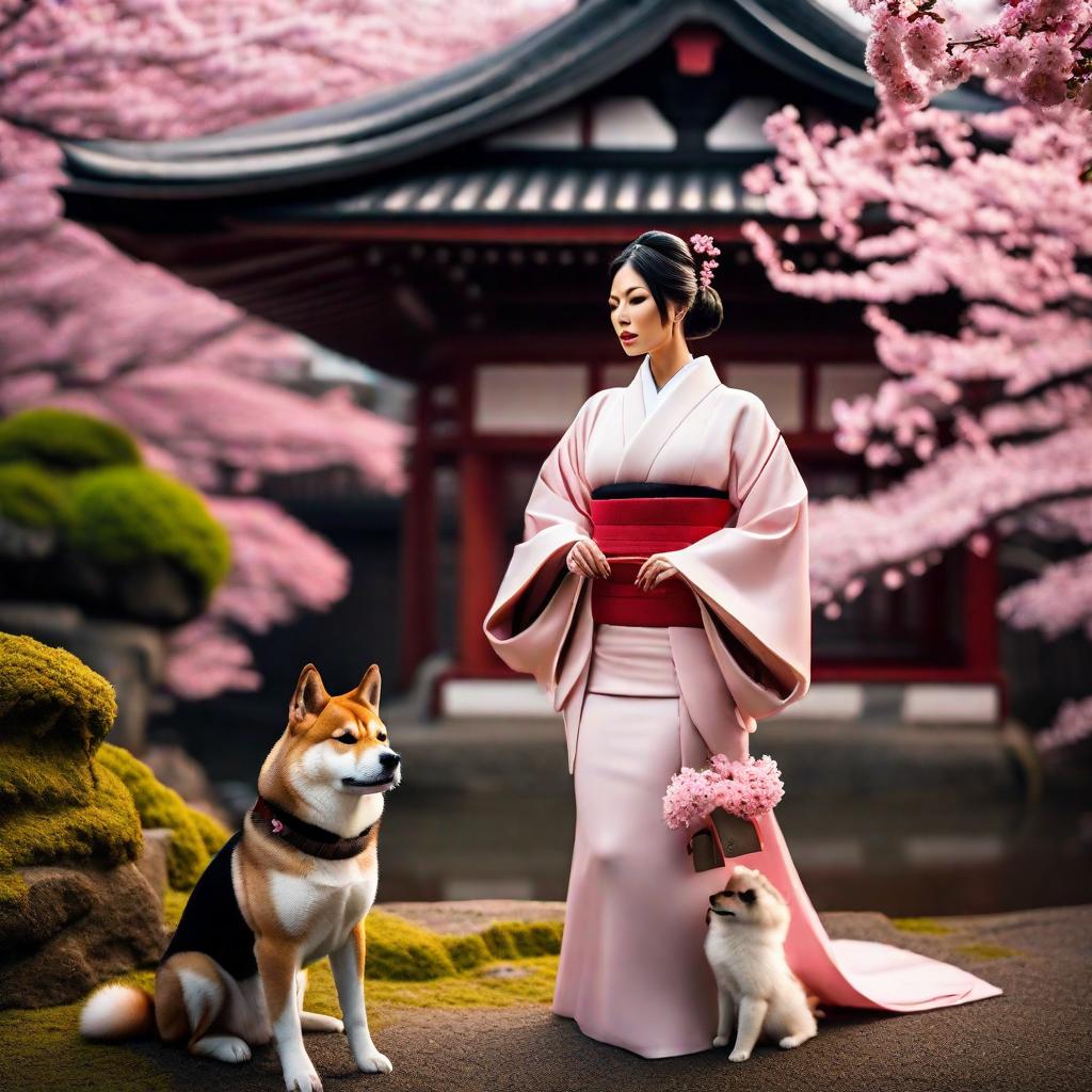  generate old japanese buildings surrounded by cherry blossoms and shiba dogs as a theme hyperrealistic, full body, detailed clothing, highly detailed, cinematic lighting, stunningly beautiful, intricate, sharp focus, f/1. 8, 85mm, (centered image composition), (professionally color graded), ((bright soft diffused light)), volumetric fog, trending on instagram, trending on tumblr, HDR 4K, 8K