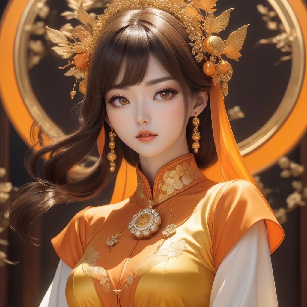  A cartoon girl in an orange costume with gold jewelry, in the style of miho hirano, light yellow and dark brown, close up, traditional costumes, childlike simplicity, comic art, tondo hyperrealistic, full body, detailed clothing, highly detailed, cinematic lighting, stunningly beautiful, intricate, sharp focus, f/1. 8, 85mm, (centered image composition), (professionally color graded), ((bright soft diffused light)), volumetric fog, trending on instagram, trending on tumblr, HDR 4K, 8K