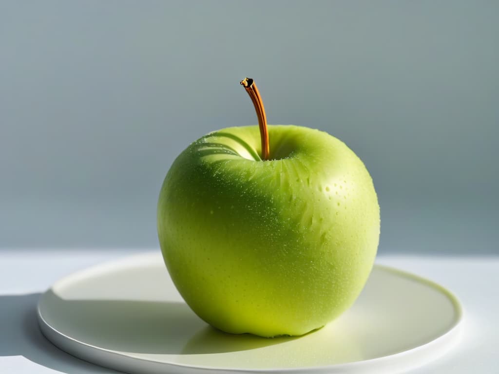  A highresolution image of a delicate, lifelike apple sculpture made entirely out of edible materials, showcasing intricate details such as realistic texture, vibrant colors, and precise carving techniques. The apple sculpture is elegantly placed on a sleek, modern white plate, creating a striking contrast that highlights the artistry and craftsmanship of Cédric Grolet's edible creations. hyperrealistic, full body, detailed clothing, highly detailed, cinematic lighting, stunningly beautiful, intricate, sharp focus, f/1. 8, 85mm, (centered image composition), (professionally color graded), ((bright soft diffused light)), volumetric fog, trending on instagram, trending on tumblr, HDR 4K, 8K