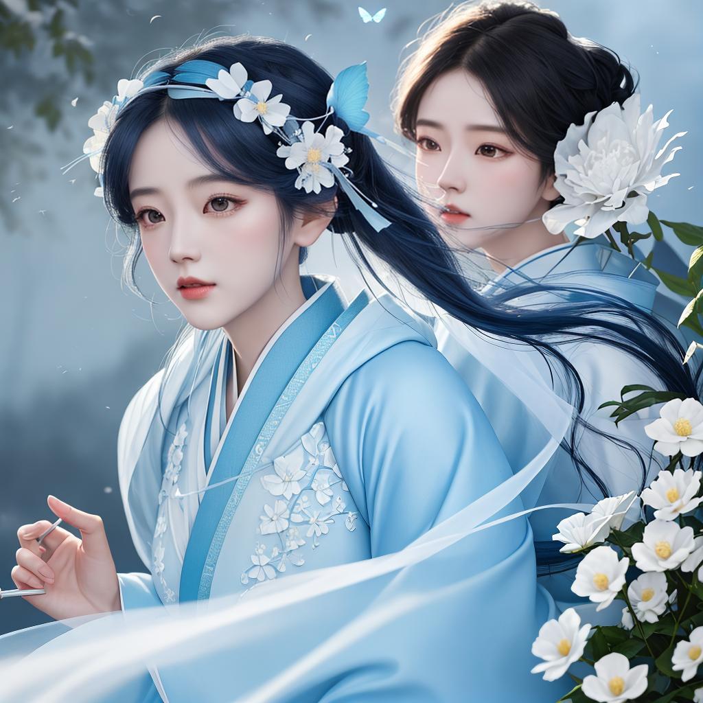  masterpiece, best quality, (Fidelity: 1.4), Best Quality, Masterpiece, Ultra High Resolution, Poster, Fantasy Art, Very Detailed Faces, 8k resolution, Chinese Style, An woman, Side Face, Quiet, Light Blue Hanfu, Tulle Coat, Long Black Hair, Light Blue Fringed Hair Ornament, Hairpin, White Ribbon, White Flower Bush, Light Blue Butterfly Flying, cinematic lighting effects