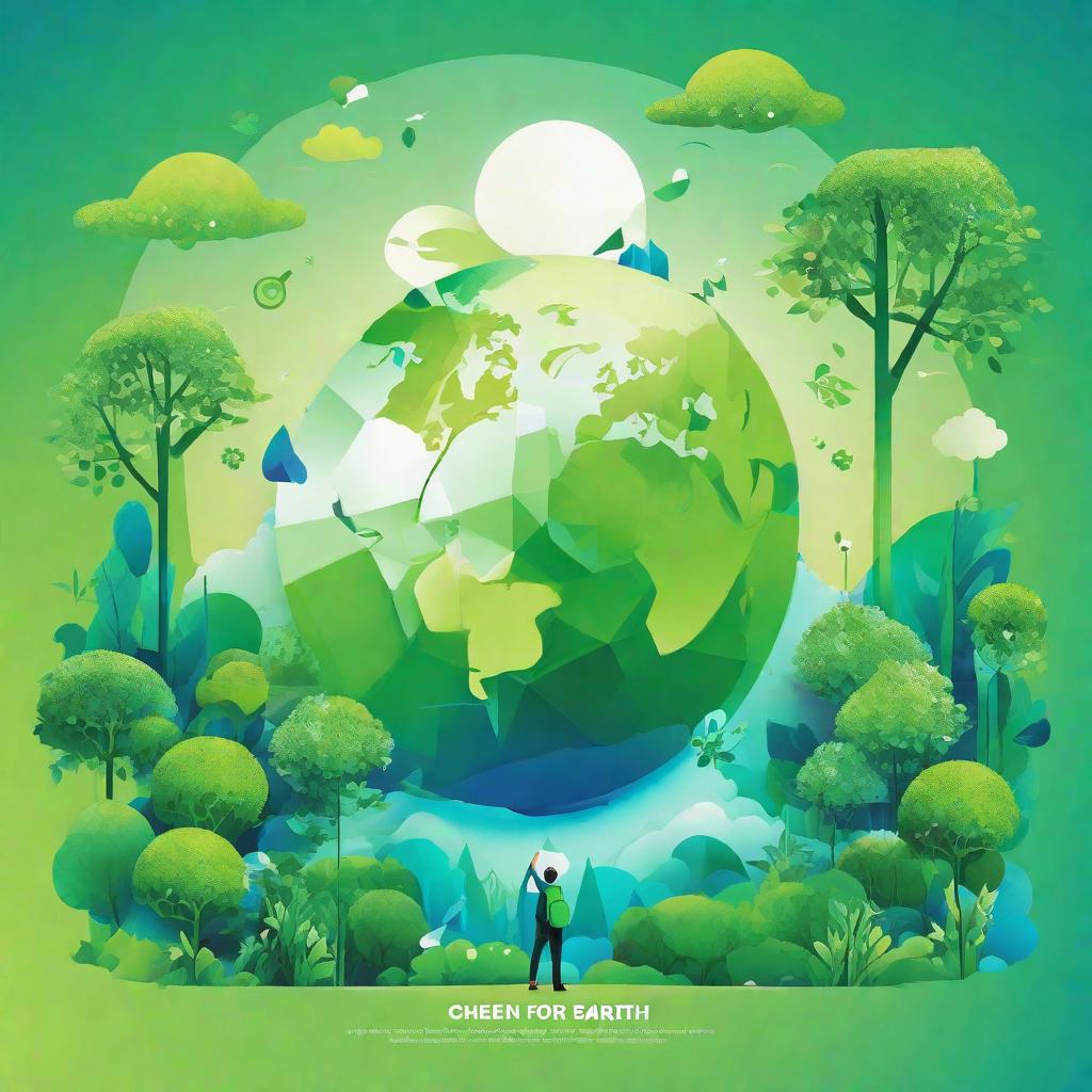  masterpiece, best quality,Background design: fresh green and blue gradient, representing harmony between nature and society. Core image design: a young man occupies the right half of the picture facing left to organize an online environmental campaign through the network of connected Wopi. He uses smart devices to present his environmental projects, and the screen displays the slogan "cheer for the earth". Occupy the right half of the picture facing left