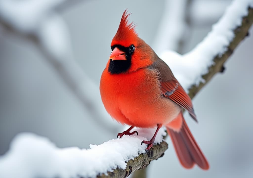  good quality, high quality, a red cardinal perched on a snowy branch, its feathers standing out against the wintry background.