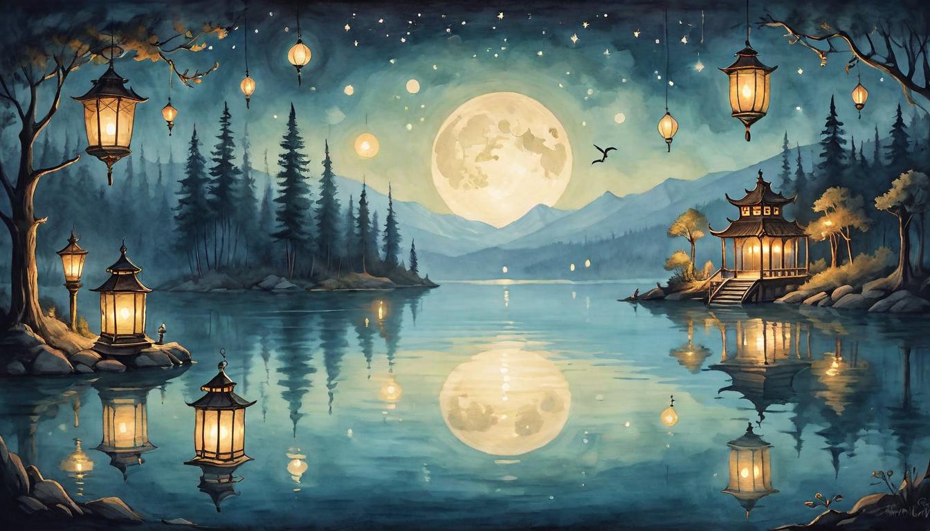  on parchment, surrealism+++, Two lanterns floating on a serene lake at night, lights mingling as they drift apart yet remain connected. Lanterns glowing softly, night’s blanket serene, unity in separation, tranquil journey, paths diverge but spirits entwined(mysterious, provocative, symbolic,muted color)+++