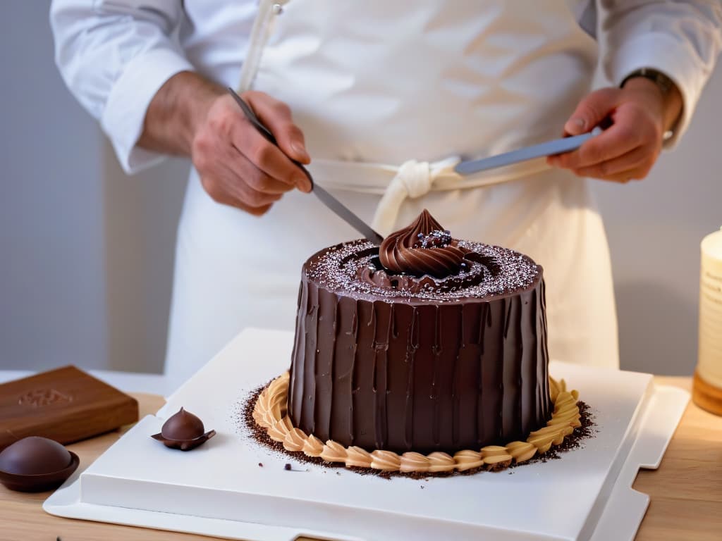  An ultradetailed image of Amaury Guichon meticulously crafting a delicate chocolate sculpture, showcasing intricate swirls and precise details under bright studio lighting. The focus is on his hands expertly sculpting the chocolate, with tools and ingredients neatly arranged around him in a sleek, minimalist kitchen setting. Each reflection and texture is captured with stunning clarity, emphasizing the precision and skill of the maestro chocolatero. hyperrealistic, full body, detailed clothing, highly detailed, cinematic lighting, stunningly beautiful, intricate, sharp focus, f/1. 8, 85mm, (centered image composition), (professionally color graded), ((bright soft diffused light)), volumetric fog, trending on instagram, trending on tumblr, HDR 4K, 8K