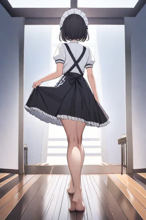  (score 9,score 8 up,score 7 up,),1girl,solo,maid,maid headdress,looking at viewer,apron,brown hair,indoors,black hair,bare foot,feet focus,two feet hyperrealistic, full body, detailed clothing, highly detailed, cinematic lighting, stunningly beautiful, intricate, sharp focus, f/1. 8, 85mm, (centered image composition), (professionally color graded), ((bright soft diffused light)), volumetric fog, trending on instagram, trending on tumblr, HDR 4K, 8K