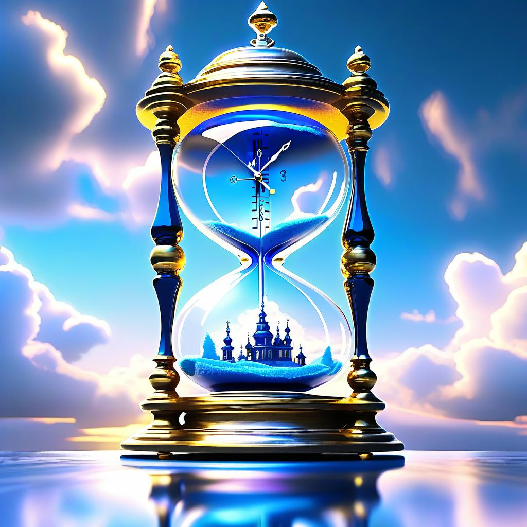  ethereal fantasy concept art of (Fancy hourglass). clock design: wooden carved case lacquered. Bowls of transparent glass. Inside the top bowl of the clock the rising sun is displayed. Around the sun is a blue sky and white, golden pink clouds. (Inside the lower bowl of the clock):A nighttime, dark blue sky with a bright yellow month with a silvery cast. Beneath the sky are mountains covered with blue white snow, shimmering with different colours of the rainbow. Background: gradient: in the lower part of the background the structure of sand. In the upper part of the background perispherical clouds in the blue sky. Style: philosophical romantic fantasy. . magnificent, celestial, ethereal, painterly, epic, majestic, magical, fantasy art, cov hyperrealistic, full body, detailed clothing, highly detailed, cinematic lighting, stunningly beautiful, intricate, sharp focus, f/1. 8, 85mm, (centered image composition), (professionally color graded), ((bright soft diffused light)), volumetric fog, trending on instagram, trending on tumblr, HDR 4K, 8K