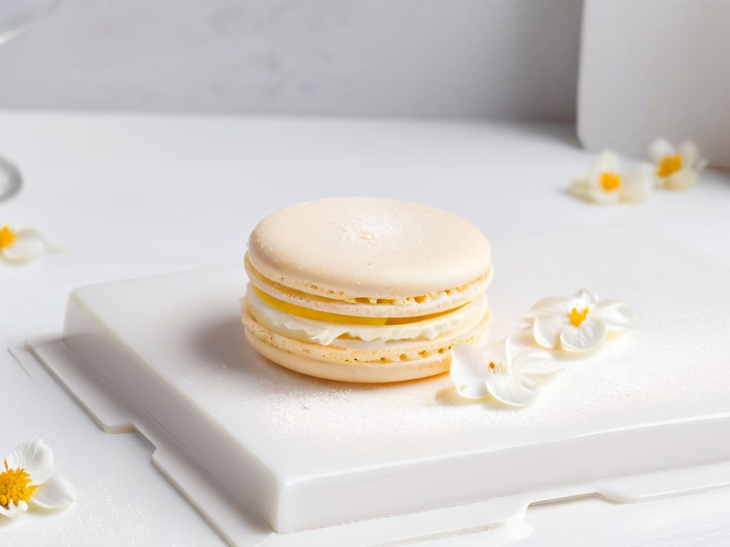  An ultradetailed closeup image of a perfectly baked French macaron with a smooth, glossy shell in a delicate pastel hue, revealing a flawless ruffled "foot" at its base. The macaron sits on a pristine white marble countertop, with a few scattered pastelcolored edible flowers and a dusting of powdered sugar for a touch of elegance. The intricate texture of the macaron's shell is emphasized, showcasing the precision and artistry required to achieve such a delectable treat. hyperrealistic, full body, detailed clothing, highly detailed, cinematic lighting, stunningly beautiful, intricate, sharp focus, f/1. 8, 85mm, (centered image composition), (professionally color graded), ((bright soft diffused light)), volumetric fog, trending on instagram, trending on tumblr, HDR 4K, 8K