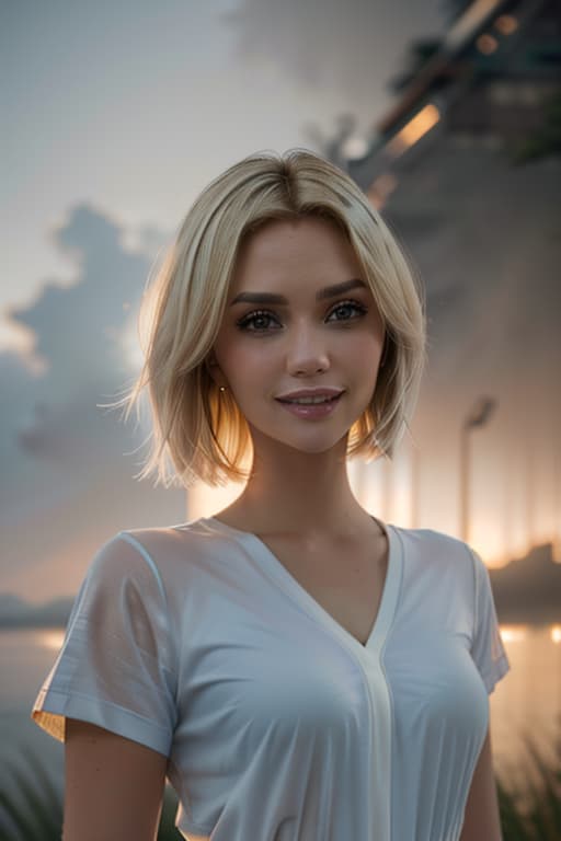  1girl,1girl,blonde short hair,straight hair,upper body shot,shirt,smile hyperrealistic, full body, detailed clothing, highly detailed, cinematic lighting, stunningly beautiful, intricate, sharp focus, f/1. 8, 85mm, (centered image composition), (professionally color graded), ((bright soft diffused light)), volumetric fog, trending on instagram, trending on tumblr, HDR 4K, 8K