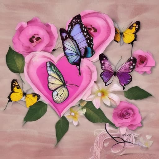  combinación de flores corazones y mariposas en tonos rosa y lila