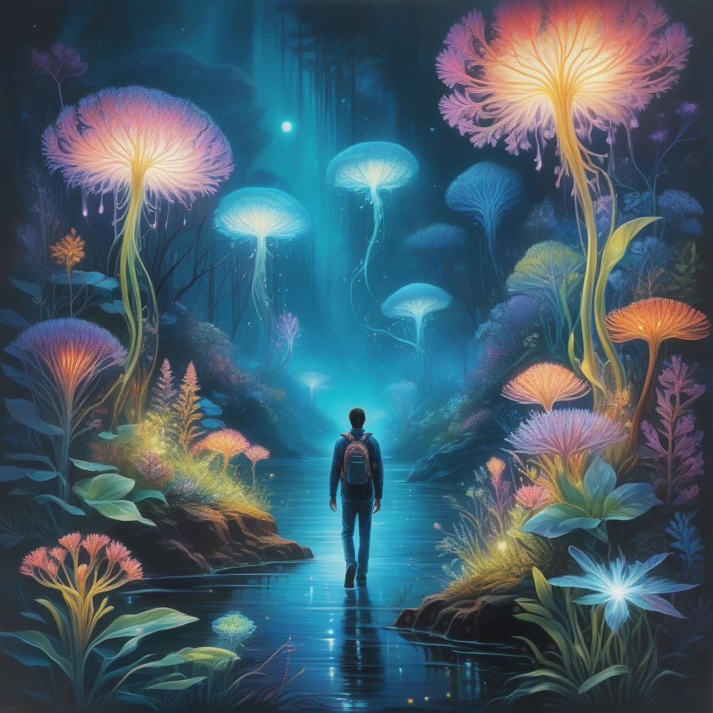  photo RAW, (Ultra detailed illustration of a person lost in a magical world of wonders, glowy, bioluminescent flora, incredibly detailed, pastel colors, handpainted strokes, visible strokes, oil paint, art by Mschiffer, night, bioluminescence), masterpiece, award winning photography, natural light, perfect composition, high detail, hyper realistic, (depth, water background:1.5) hyperrealistic, full body, detailed clothing, highly detailed, cinematic lighting, stunningly beautiful, intricate, sharp focus, f/1. 8, 85mm, (centered image composition), (professionally color graded), ((bright soft diffused light)), volumetric fog, trending on instagram, trending on tumblr, HDR 4K, 8K