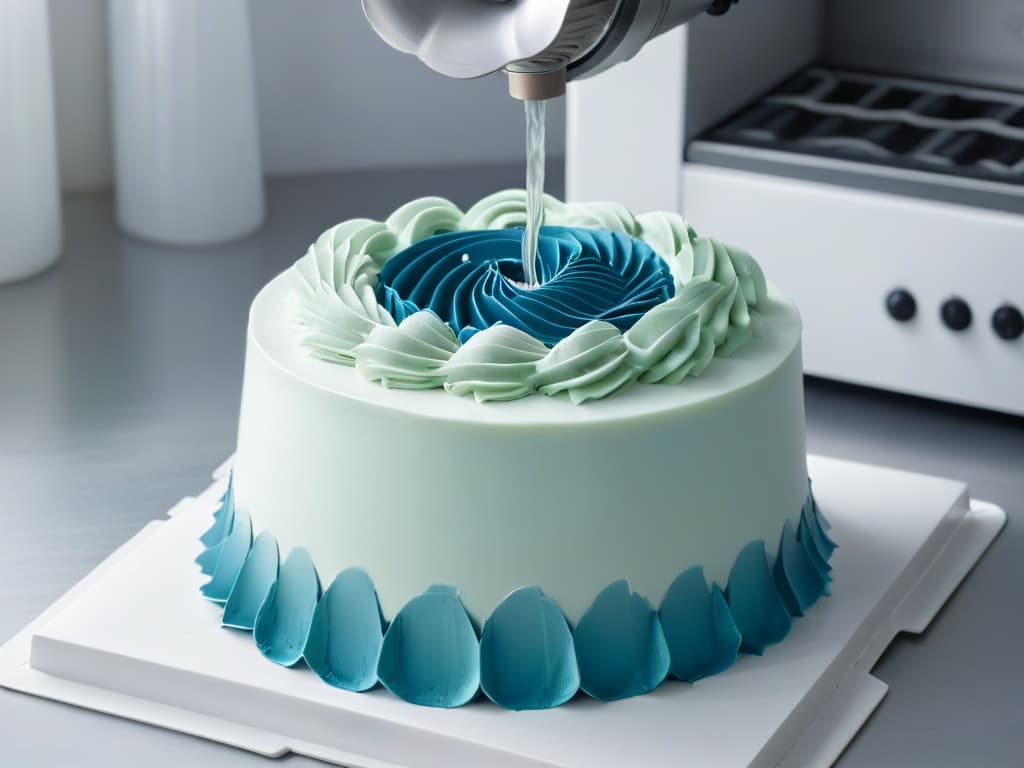  An ultradetailed closeup image of a sleek, modern fondant machine in action, showcasing the intricate mechanics and precise craftsmanship. The machine is elegantly designed with a polished metallic finish, and the fondant being extruded is smooth and glossy, catching the light in a captivating way. The background is blurred to emphasize the focus on the machine, creating a visually stunning and minimalistic composition that conveys sophistication and innovation in the world of pastry arts. hyperrealistic, full body, detailed clothing, highly detailed, cinematic lighting, stunningly beautiful, intricate, sharp focus, f/1. 8, 85mm, (centered image composition), (professionally color graded), ((bright soft diffused light)), volumetric fog, trending on instagram, trending on tumblr, HDR 4K, 8K